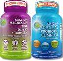 Bone Health & Gut Support Bundle - 3-in-1 Probiotic 50 Bilion CFU, Prebiotic and Digestive Enzymes + Plant- Based vápník, hořčík, zinek, D3, K2 & Organic Turmeric - Vegan, Non- GMO, Clean Label