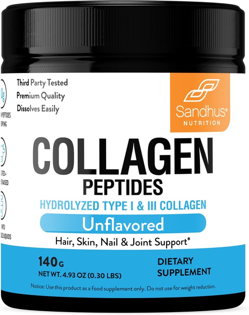 Sandhu 's Collagen Peptides Powder 124; 4.9 oz Neochucené 124; Grass- Fed Hydrolyzované hovězí kolagen 124; Podporuje mladistvou pleť, vlasy, nehty, mobilita a flexibilita