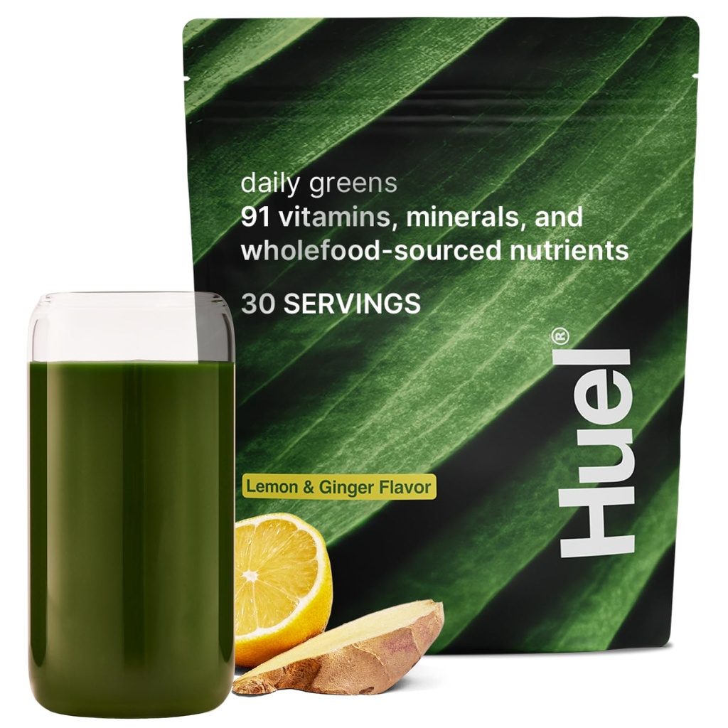Huel Daily Greens Lemon & Ginger Found 124; Superfood Green Powder 124; 91 Vitamíny, Minerály, a Wholefood-Sourced Ingredients 124; Adaptogeny, antioxidanty, Gut- Friendly Probiotika 124; 30 Servings