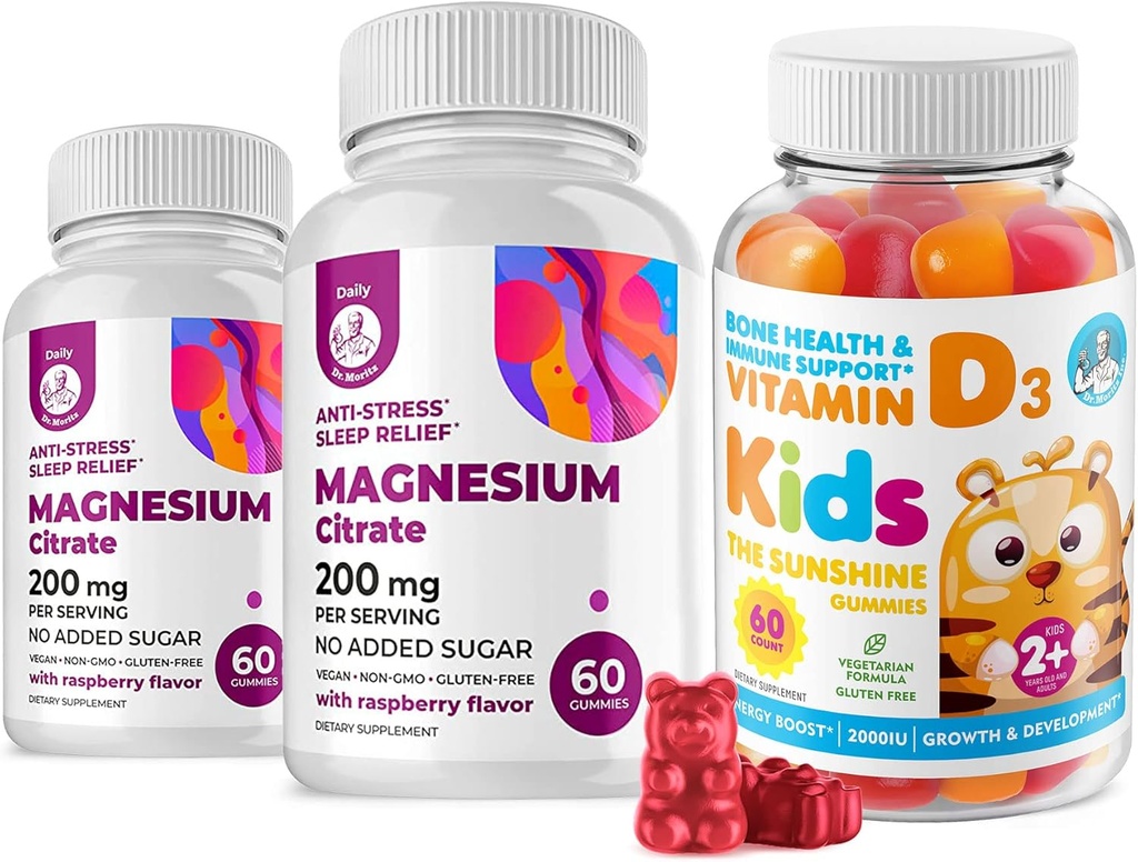 Vitamin D Gummies pro děti a dospělé 2000 IU a hořčík Gummies - zdravé vitamíny D3 doplňky 1000IU - Vegetarian Gelatin- Free Imunitation Support with Sugar- Free Magnesium Calm Chews for Kids & Dospělí