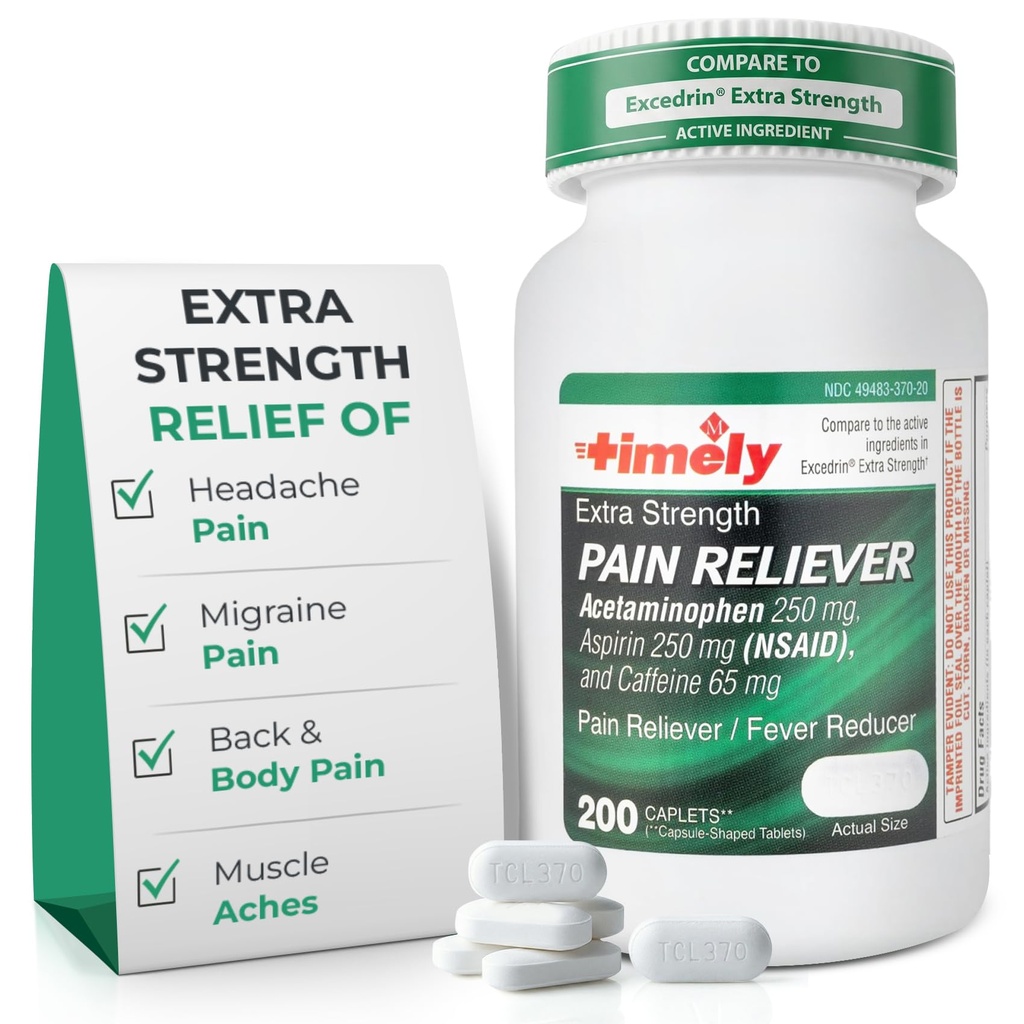 TIME- CAP Labs, INC. Časově Extra Strength Relief bolesti hlavy - Acetaminofen s Aspirin & Caffeine (200 Kaplet) - Bolest hlavy, Migréna & Záda a bolest těla & Svalové Aches - Extra Strength - Made in USA