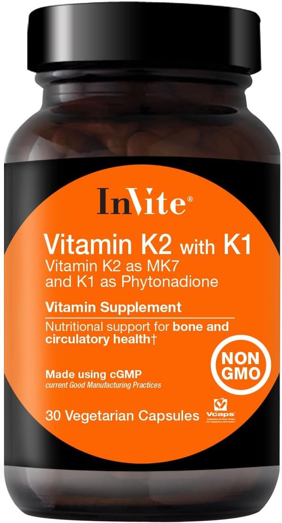 Pozvat zdraví Vitamin K2 s K1 - Podporuje kostní a oběhové zdraví - Vitamin K2 jako MK7 a K1 a Phytonadione - 30 Vegetariánské kapsle