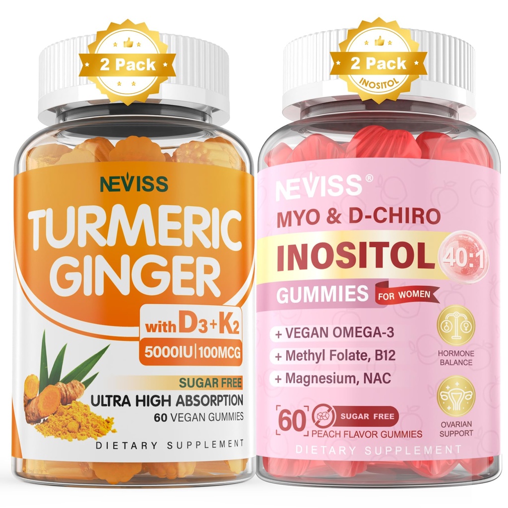Sugar Free 2Pack Turmeric Ginger Gummies & 2Pack Myo- Inositol & D- Chiro Inositol Gummies
