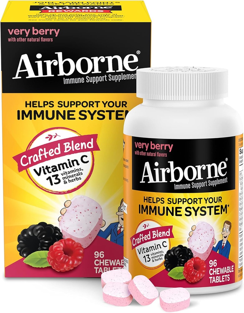 Airborne 1000mg Vitamin C Žvýkací tablety se zinkem, doplněk imunitní podpory s výkonnými antioxidanty Vitamíny A C & E - 96 Žvýkací tablety, Velmi Berry Flavor