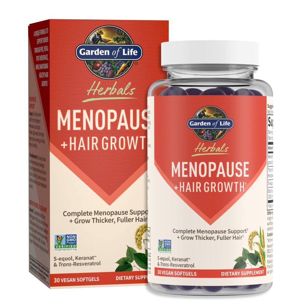 Zahrada života Herbals Menopauza Dodatek s S- equol & Trans- Resveratrol pro multi- Symptom Relief, Keranat pro silnější, Fuller růst vlasů - Non- GMO, gluten- Free, Vegan, Berry Flavor, 30 Služení