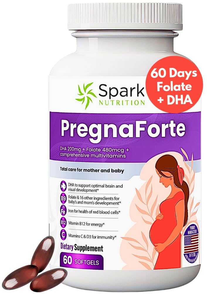 Pregnaforte 1 den Prenatální vitamíny pro ženy 2 měsíce: kyselina listová, rybí olej Omega 3 DHA / EPA, vitamin D3, B6, Vitmain B12, C, E, vápník, železo, hořčík, zinkový doplněk FSA HSA eligble multivitamin