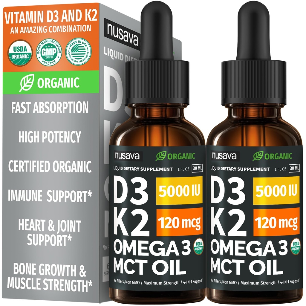 (2 Pack) Organický vitamin D3 K2 Kapky s MCT Oil Omega 3, 5000 IU - Liquid D3, No Fillers, Non- GMO, Imunitní podpora (Neochucené, 2 Fl Oz)