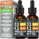 (2 Pack) Organický vitamin D3 K2 Kapky s MCT Oil Omega 3, 5000 IU - Liquid D3, No Fillers, Non- GMO, Imunitní podpora (Neochucené, 2 Fl Oz)