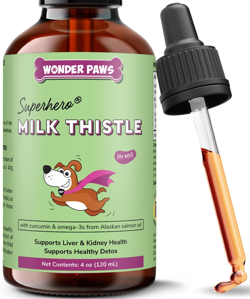 Wonder Paws Milk Thistle, Podpora jater pro psy, Podporuje funkci ledvin pro zvířata v zájmovém chovu, Detox, Jaterní podpora, s Wild Aljašský losos Oil & Curcumin, Omega 3 EPA & DHA (4 Oz)
