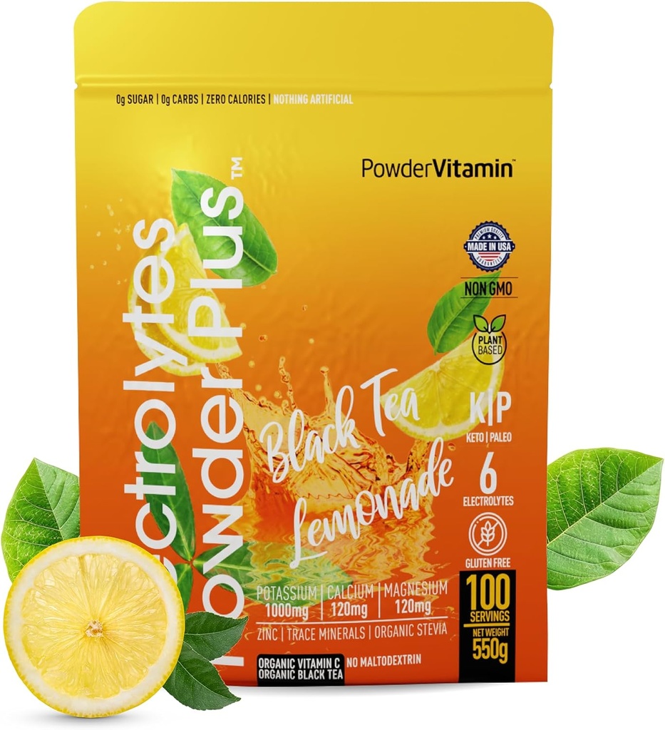PowderVitamin Electrolytes Powder Plus (100 Serving) Black Tea Lemonade Electrolyte Powder Zero Calorie Keto, 0 Cukr, No Maltodextrin, 1000mg draslík, 120mg vápníku, 120mg hořčíku, Hydratační prášek