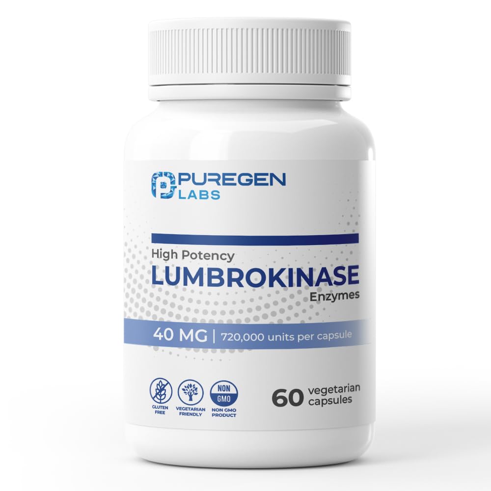 Puregen Labs Lumbrokinase 40 mg na kapsli s vysokým potenciálem dodatek 124; High Activity Lumbrokináza Enzymes CLAS124; No Harmful Additives CLAS124; Non- GMO CLAS124; Gluten Free CLAS124; Made in USA - 60 Vegetariánské kapsle