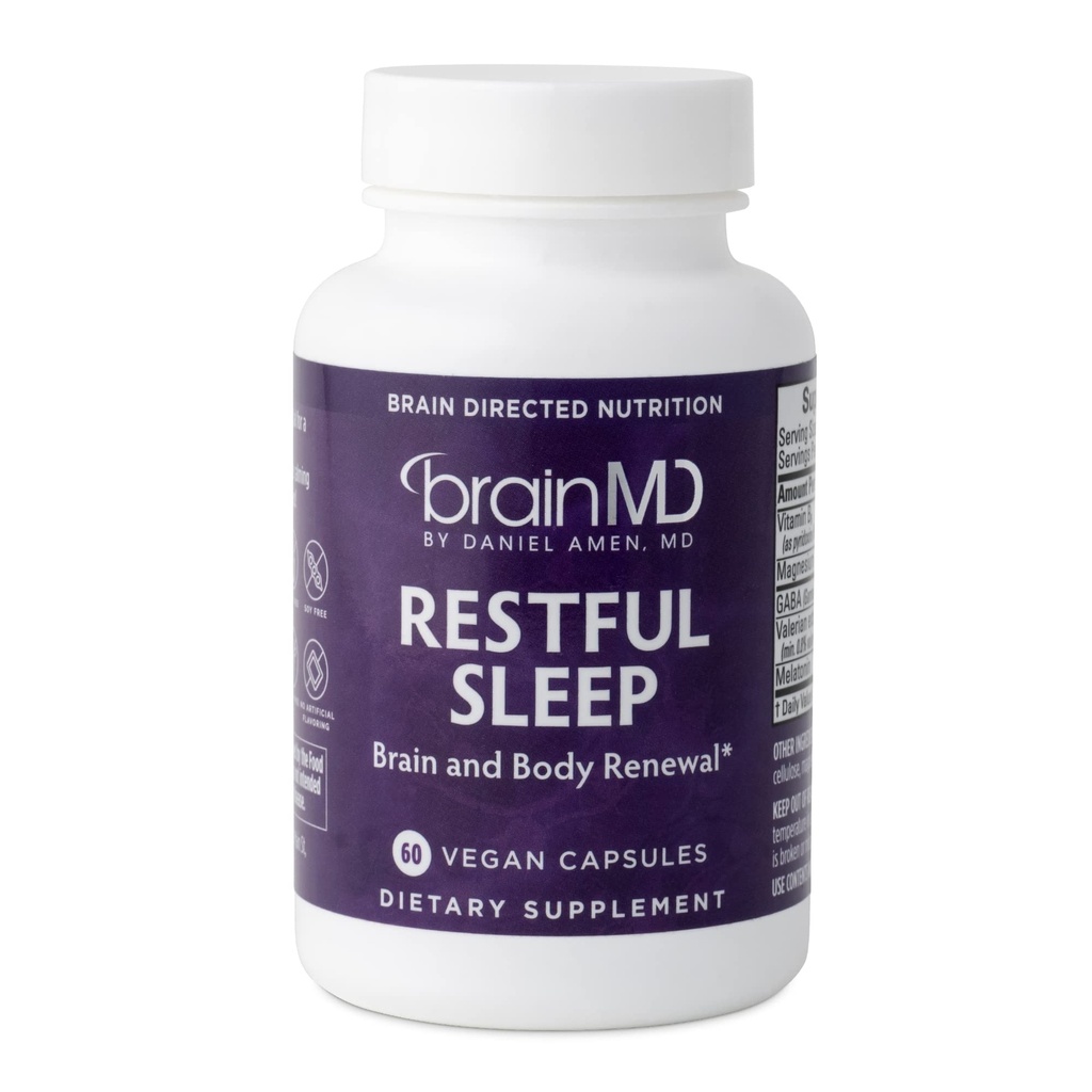 Dr. Amen mozek Restful Sleep - 60 Kapsle - Podporuje relaxaci & klid, Obsahuje melatonin, Valerian, GABA & Magnesium, Non- Habit Forming - gluten- Free - 15 Služebnictví