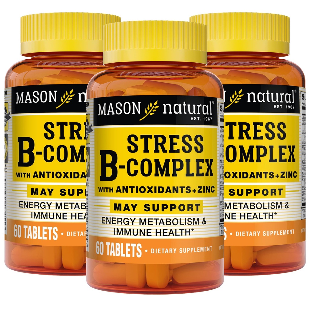 MASON NATURAL Stres B, Komplex s antioxidanty + zinek, 6 měsíční dodávka, Dual Action Formule, podporuje energetický metabolismus a imunitní zdraví, 3 balení