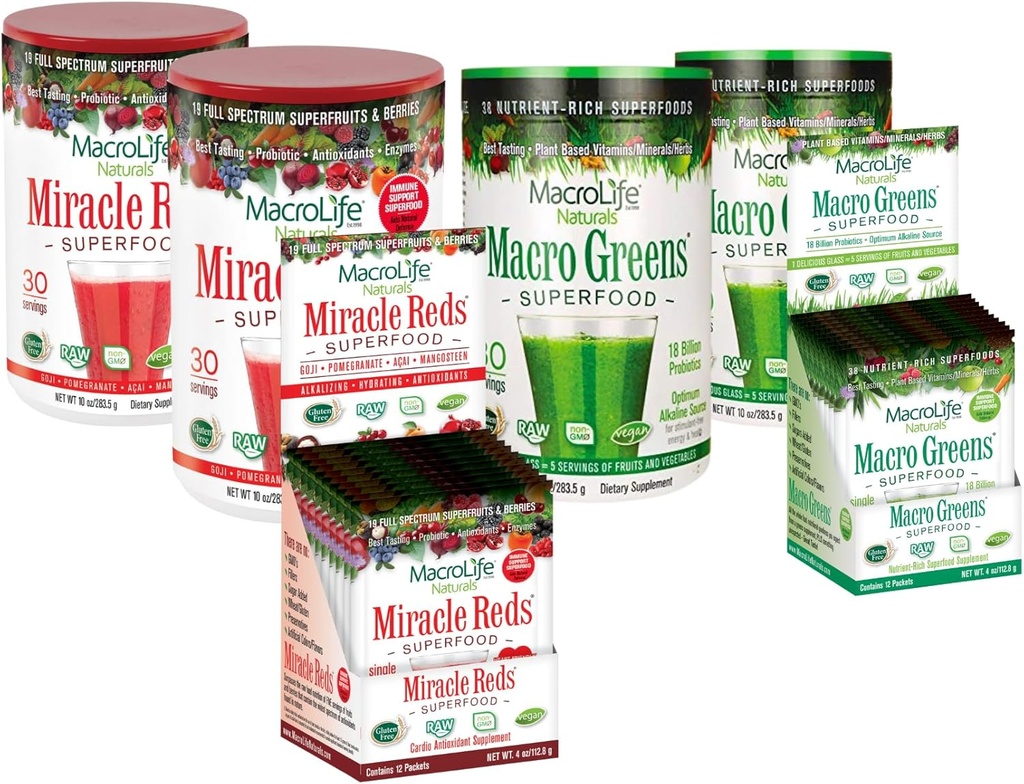MacroLife Survivor 6- Count Bundle, 2 Macro Greens 10oz + 1 Packet Box (12ct), 2 Miracle Reds 10oz + 1 Packet Box (12ct)