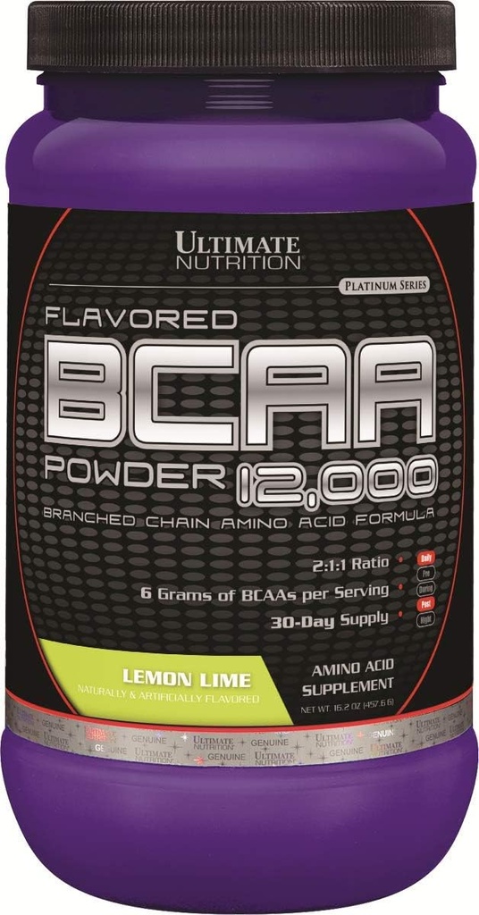 Ultimate Nutrition Ochucené BCAA Powder 12 000, Post Workout Recovery drink, 3g Leucin 1, 5g Valin 1, 5g Izoleucin, Branch Chain Amino Acids doplňky pro svalovou obnovu, 60 Služeb, Lemon Lime