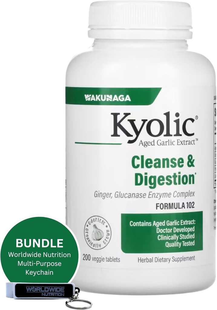 Celosvětová Nutriční pouzdro: Kyolický Česnek Extract 200 Veggie Tablety Formule 102 Čistota & Digestion - Obohacený o česnek Ginger dodatek - 200 Počítá s multiúčelové klíčové řetězce