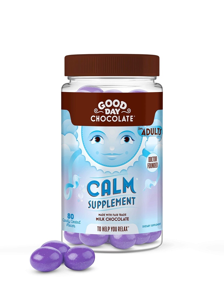 Dobrý den Čokoláda přírodní uklidňující doplněk pro dospělé, směs Camomile, theanin, hořčík, Fair Trade a non-GMO čokoláda, 80 Kusy
