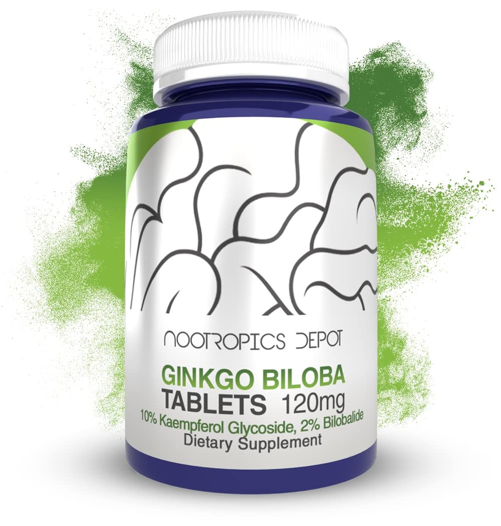 Nootropics Depot Ginkgo Biloba Extract Tablety CLAS124; 120mg CLAS124; 90 Count CLAS124; Minimálně 10% Kaempferol Glycosid + 2% Bilobalide CLAS124; Může pomoci podporovat kognitivní a kardiovaskulární funkce