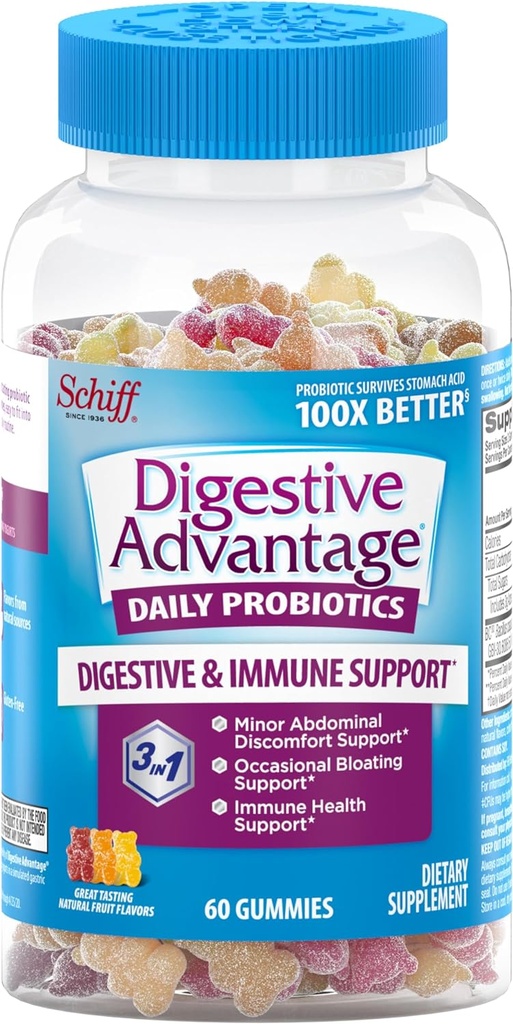 Stravovací výhoda, Probiotický Gummy pro dospělé, 60 Gummies, Gluten- Free, Přežije 100x lepší, Tříděné ovocné příchutě, podporuje stravovací zdraví