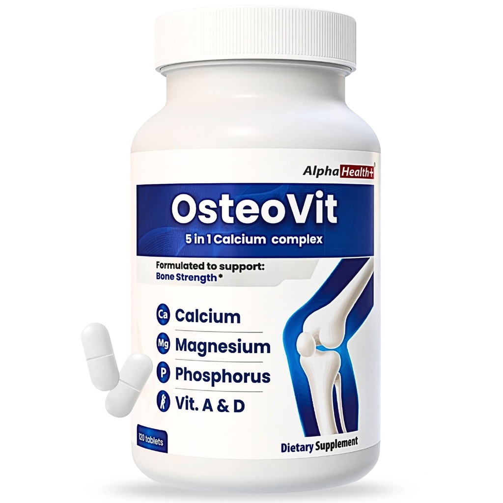 OsteoVit 5- in-1 vápník 120 tablet Multivitamin: vápník, hořčík, fosfor, vitamin D3 & A - síla kostí a pružnost *, Non- GMO gluten zdarma 124; doplněk vápníku pro ženy a muže s vitamínem D