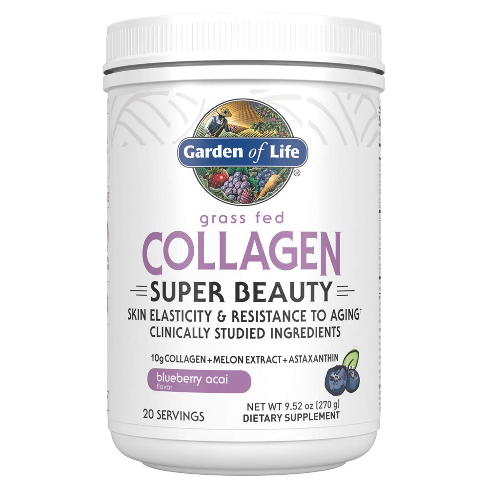 Zahrada života Tráva Fed Kolagen Super Beauty Powder - Blueberry Acai, 20 Služební, pro ženy Kožní hřebíky, Kolagen Peptidy Prášek + proteinové doplňky