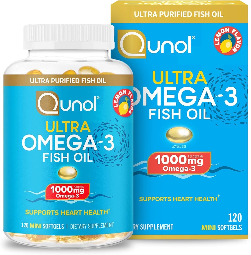 Qunol Omega 3 Fish Oil Mini Softgels, 1000mg Ultra čistý rybí olej, Heart Health Support, Omega 3 DHA doplňky, Lemon Flavor, 2 měsíční dodávky, 120 Počet