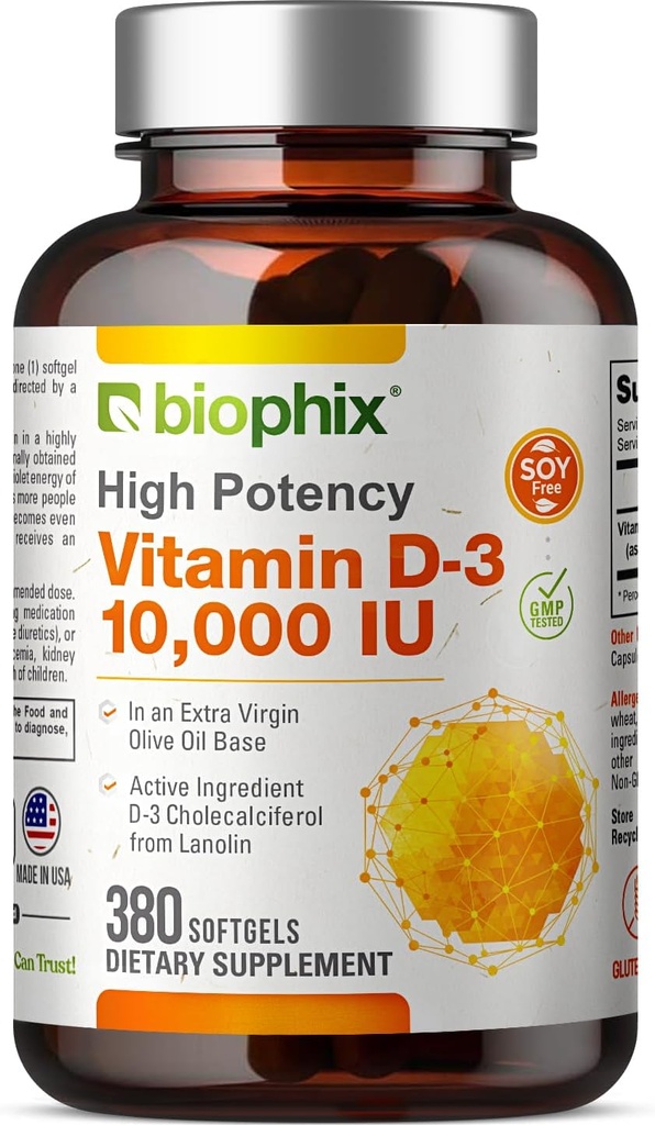 biophix Vitamin D-3 10000 IU 380 Softgels - High-Potency in Extra Virgin Olive Oil Non- GMO Soy-Free Podporuje silné kosti imunitní zdraví