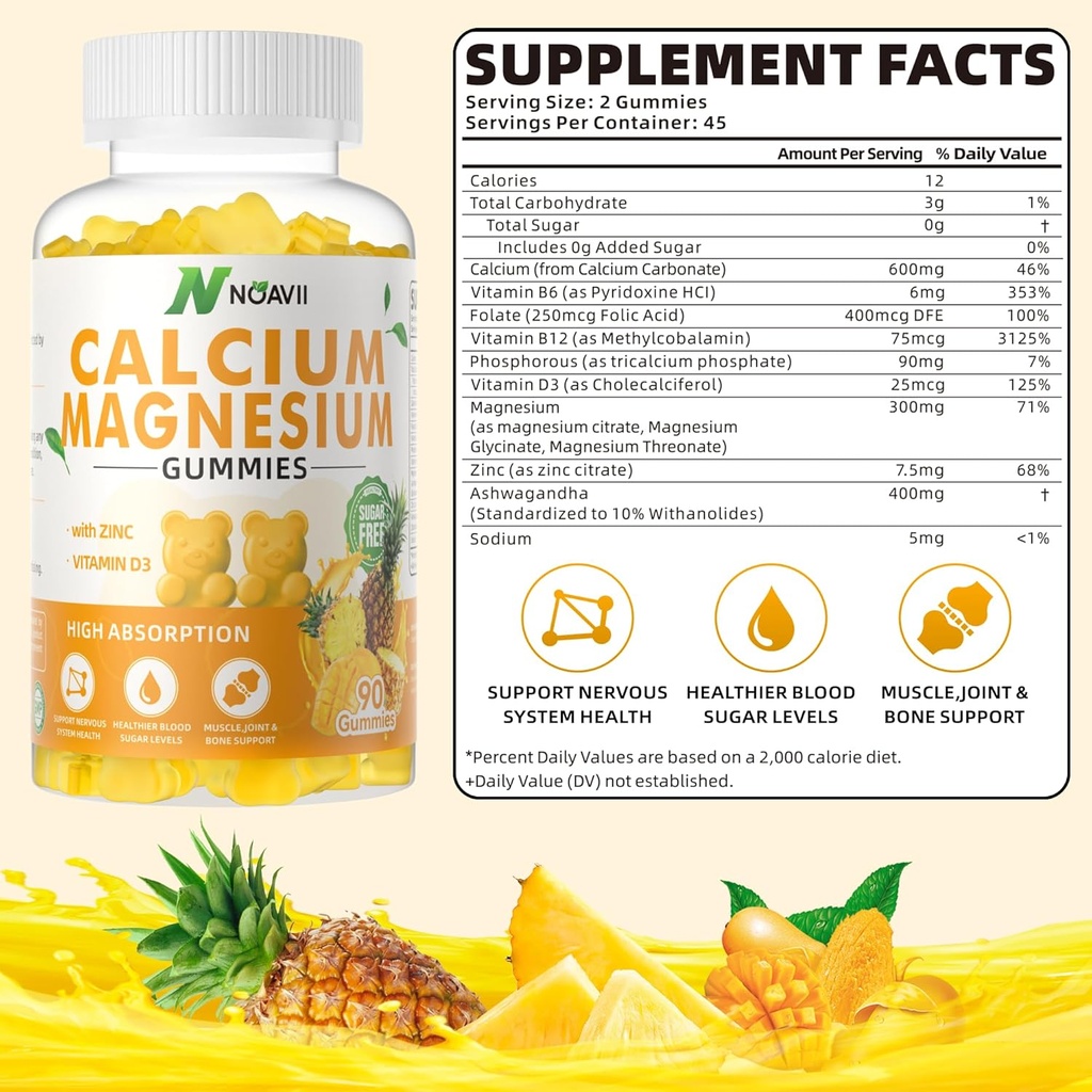 Vápník hořčík zinek gumy s vitaminem D3, ashwagandha dodatek - vysoká potence zvýšené absorpce - Ananas Flavor- 90 Počet