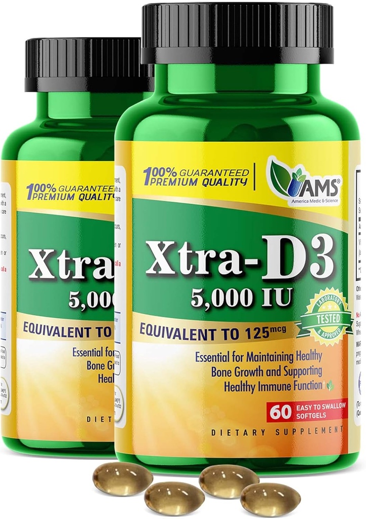 America Medic & Science Xtra D3 Vitamin D 5,000 IU (125 mcg) Cholekalciferol dodatek pro muže a ženy (120Easy to Swallow Softgels) 2pack currency 124; Nejlepší pro kosti, srdce zdraví, imunitní systém podpora, Lung funkce