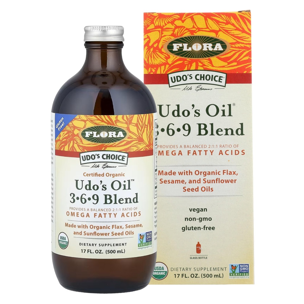 Flora Udo 's Oil 3-6-9 Blend - Vegan Omega-3 & Omega-6 Oil - Obsahuje Organic Coconut Oil, Flax Seed Oil & More - Keep Chilled - 17 f. oz.