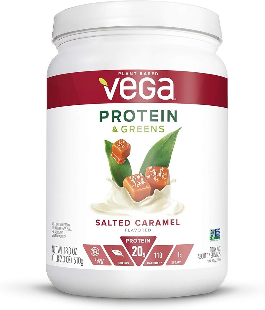 Vega protein a zelené, slaný karamel, Vegan protein prášek, 20g rostlinného proteinu, nízký karb, Keto, mléčné výrobky zdarma, gluten zdarma, non GMO, Pea protein pro ženy a muže, 1.1 Pounds (17 Služeb)