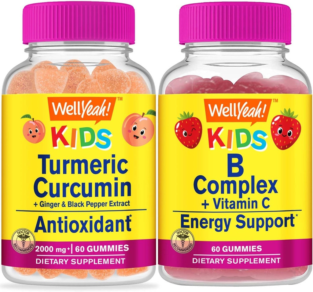 WellYeah kurkumin děti + B komplexní děti, gumové Bundle - velký přípitek, doplněk vitamínu, gluten zdarma, GMO zdarma, žvýkací žvejkačky