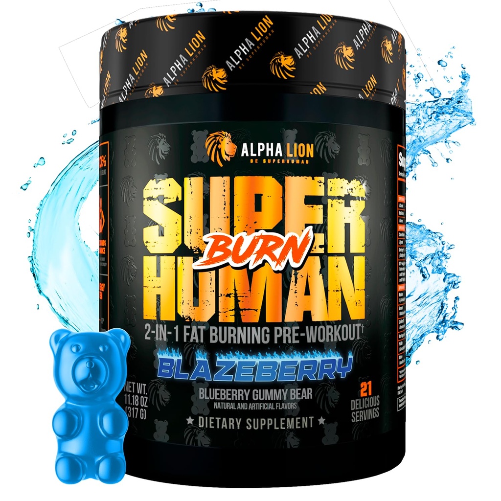 ALPHA LION Superhuman Burn - 2 v 1 Metabolismus Booster Pre Workout a termogenní spalovač tuků pro muže - Suppressant appetite a hubnutí (21 Servings, Blue Gummy Bear Flavor)