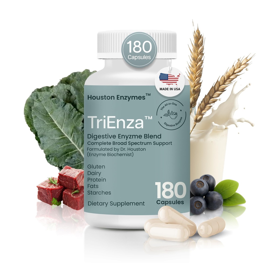 Houston Enzymy TriEnza Digestivní Enzymy pro ženy a muže, Digestivní enzymy doplňky pro proteiny, sacharidy, Tuky a polyfenoly Nápověda Break Down Wheat, mlékárenské, Soy, 180 Kapsle (90 dávek)