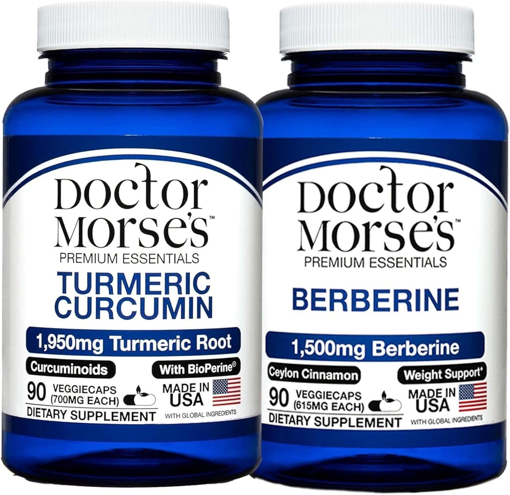 Kurkumin od doktora Morse 1950mg & Berberine 1500mg Bundle - Společná podpora, zdravý metabolismus a imunitní boost s BioPerine & Ceylon Cinnamon, FDA- registrované, NSF- Certified 90 Kapsle