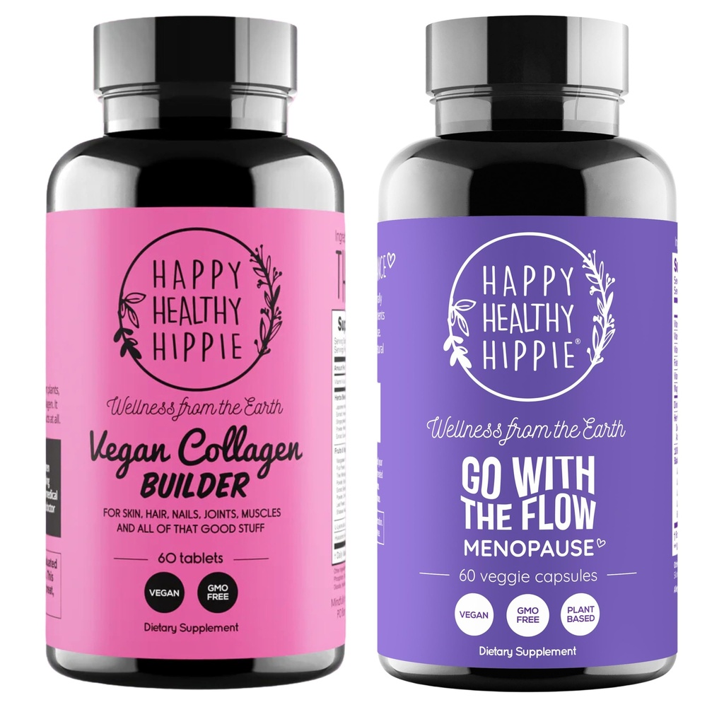 Šťastný zdravý hippie jít s Flow Menopauza Podpora & Vegan kolagen stavitel kolagen pilulky