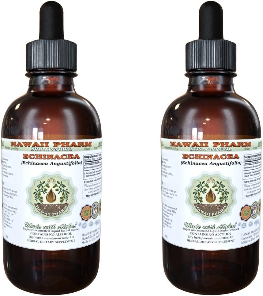 Echinacea Alcohol- Free Liquid Extract, Echinacea (Echinacea Angustifolia) Sušený Root Glycerite Hawaii Pharm Natural Herbal Supplement 2x4 oz