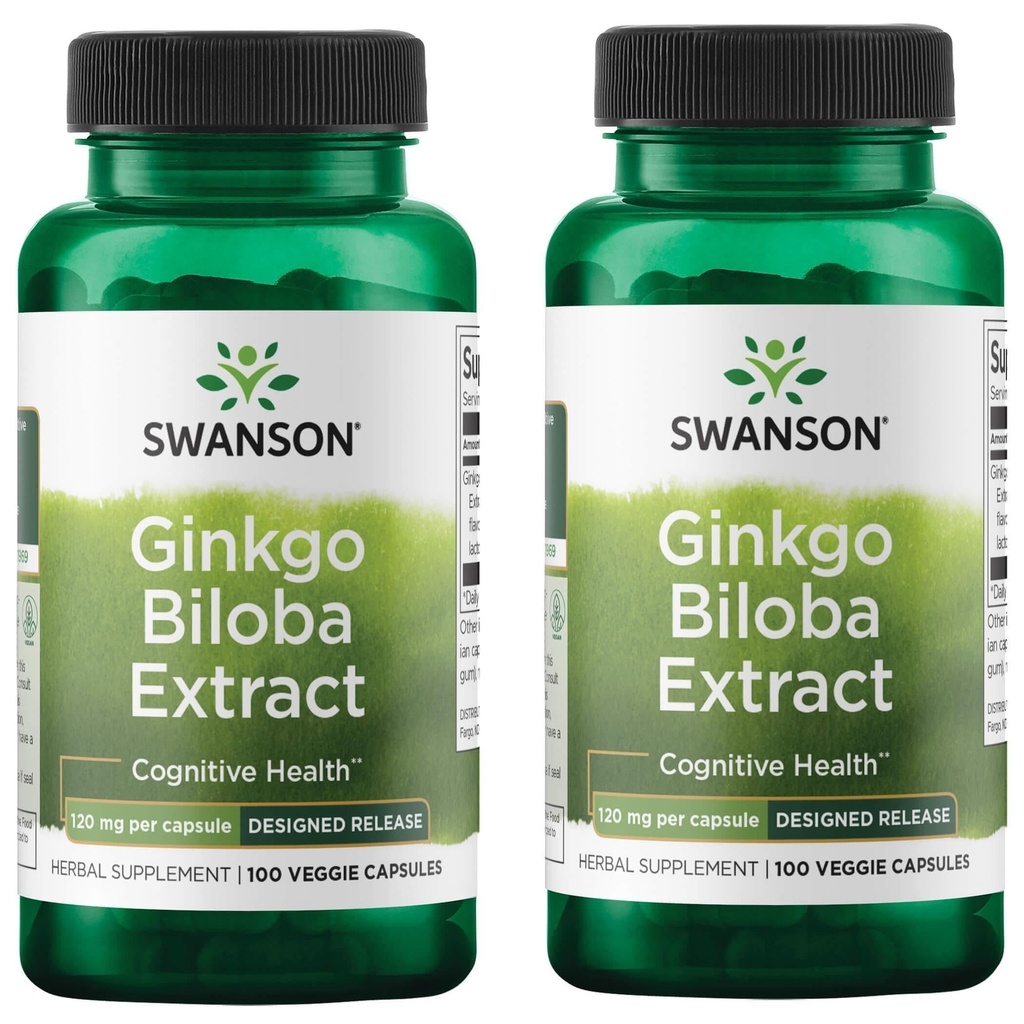 Swanson Ginkgo Biloba Extract Standardizované zpoždění -uvolnění paměti mozek kognitivní funkce doplněk zdraví 120 mg (24% flavone glykosids, 6% Terpene laktony) 100 Veggie Drcaps (2 balení)
