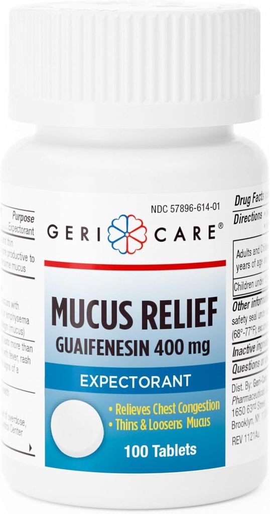 Mucus Relief Tablets by Geri- Care CLAS124; Expectorant for Chest Congestion Relief CLAS124; Guaifenesin 400mg CLAS124; 100 Count Bottle
