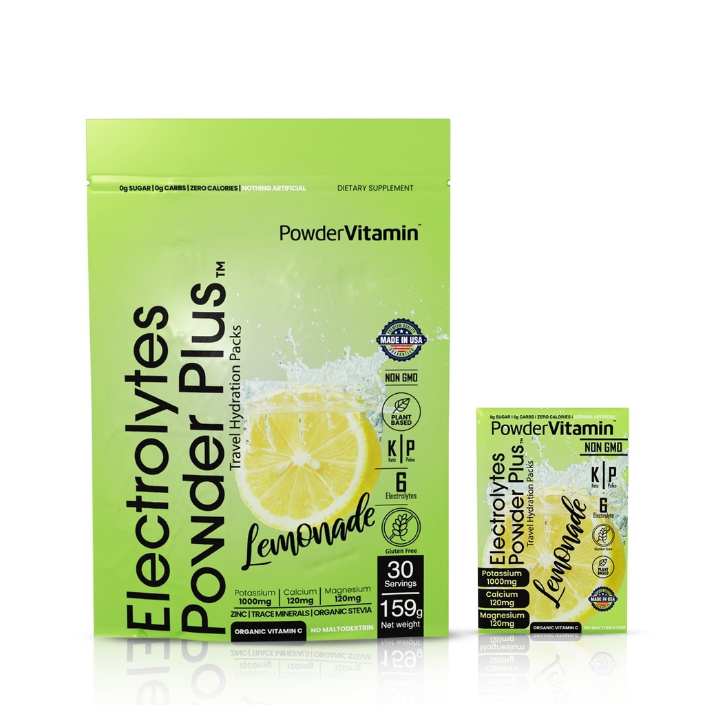 PowderVitamin Electrolytes Powder Plus, Keto, Lemonade, Nulový cukr, 1000mg draslík, 120mg vápníku, 120mg hořčíku, Non- GMO, Nulové kalorie, 30 Hydratační balíčky