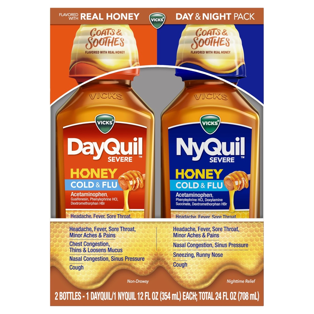 VICKS DayQuil & NyQuil SEVERE Honey Flavor Co-Pack, Cold & Flu Medicine, Relieves Head, Fever, Sore Throat, Minor Aches & Pains, Nasal Congestion, Sinus Pressure, Stuffy Nose, and Cough, 2x12oz