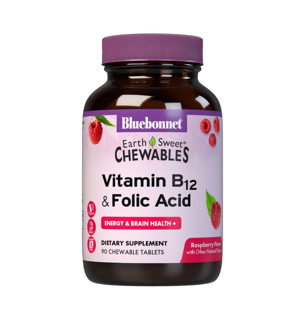 BlueBonnet Nutrition Earth Sweet Vitamin B12 & Folic Acid Chewable Tablety, Soy- Free, gluten- Free, Malina 90 Počet (balení po 1)