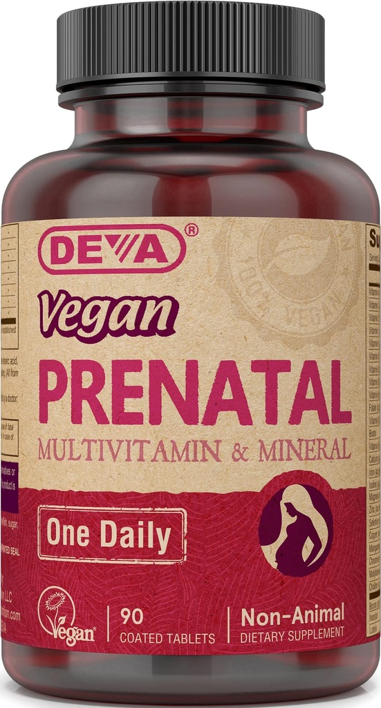 DEVA Vegan Prenatal Multivitamin a Mineral Supplement - Once-Per- Day Formule - Vitamíny A, C, D, E, K, B Complex, s folátem a chelatovaným železem - 90 potahovaných tablet, 1- balení