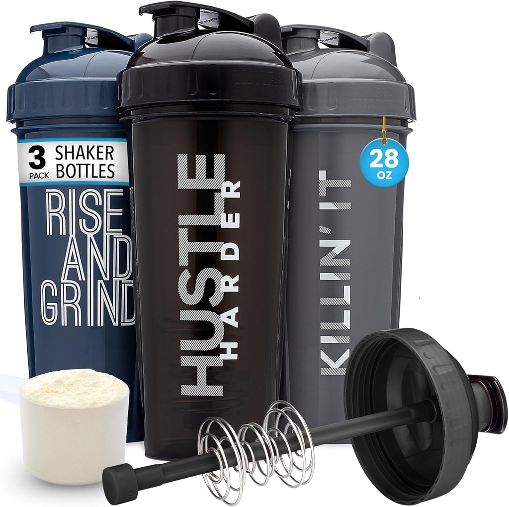 GOMOYO [3-Pack] 28- Ounce Shaker Lahvička s Action-Rod Mixer CLAN124; Protein Shaker Lahvička s motivační citace CLAN124; Shakers pro protein shakes jsou BPA zdarma a myčka nádobí bezpečné CLAN124; Silver, Blue, & Black