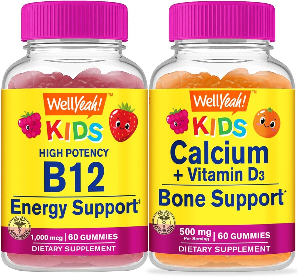 WellYeah Vitamin B12 Děti + vápník + Vitamin D3 Děti, Gummies Bundle - Great Ochutnávka, Vitamin dodatek, Lepek zdarma, GMO zdarma, Žvýkací žlab