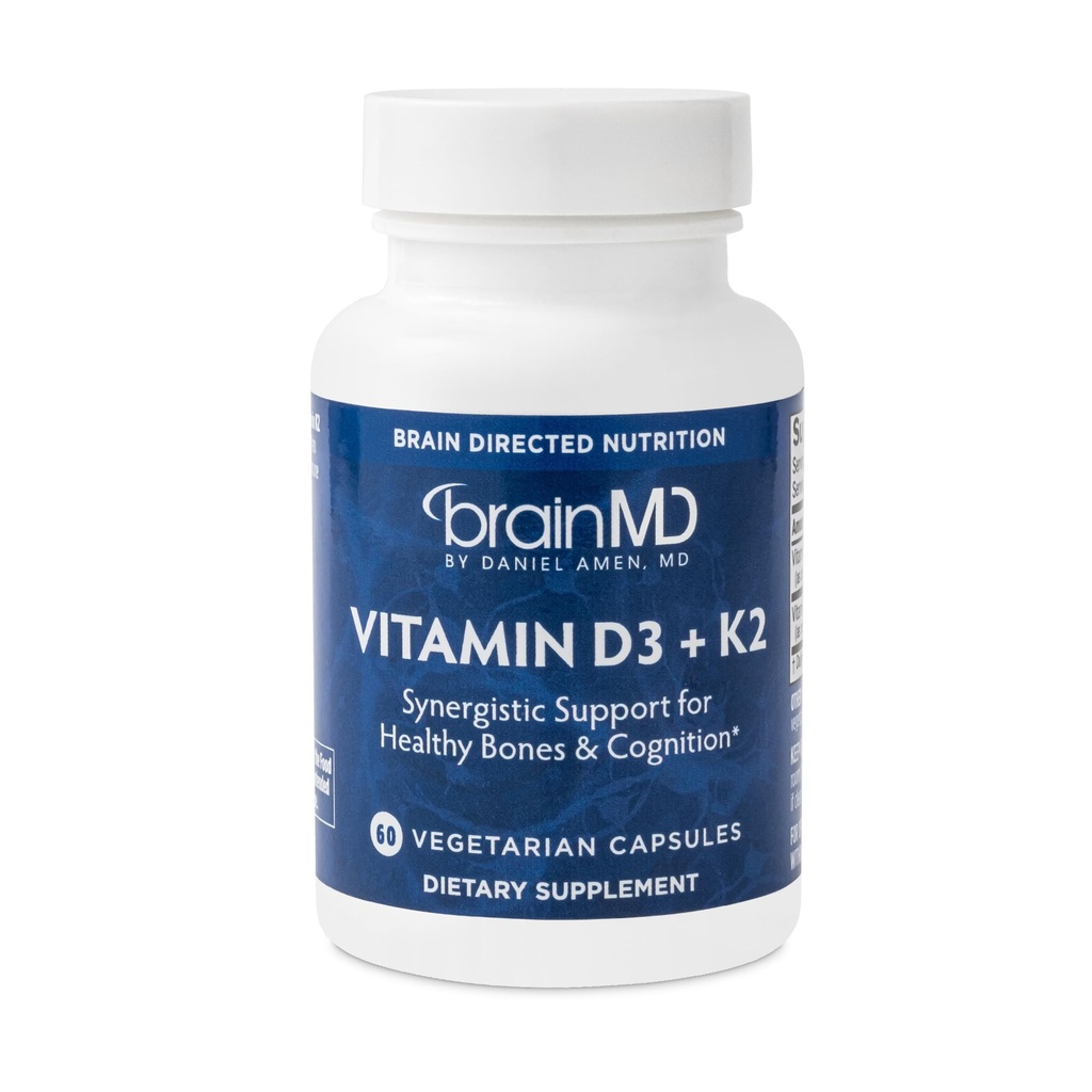 BRAINMD Vitamin D3 + K2- 60 Kapsle - Synergistická podpora pro zdravé kosti & Cognition - Gluten zdarma - 60 Služeb