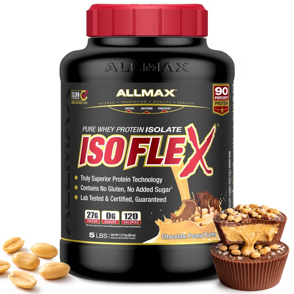 ALLMAX Nutrition - ISOFLEX Syrovátkový proteinový prášek, syrovátkový proteinový izolát, 27g protein, čokoládové arašídové máslo, 5 liber