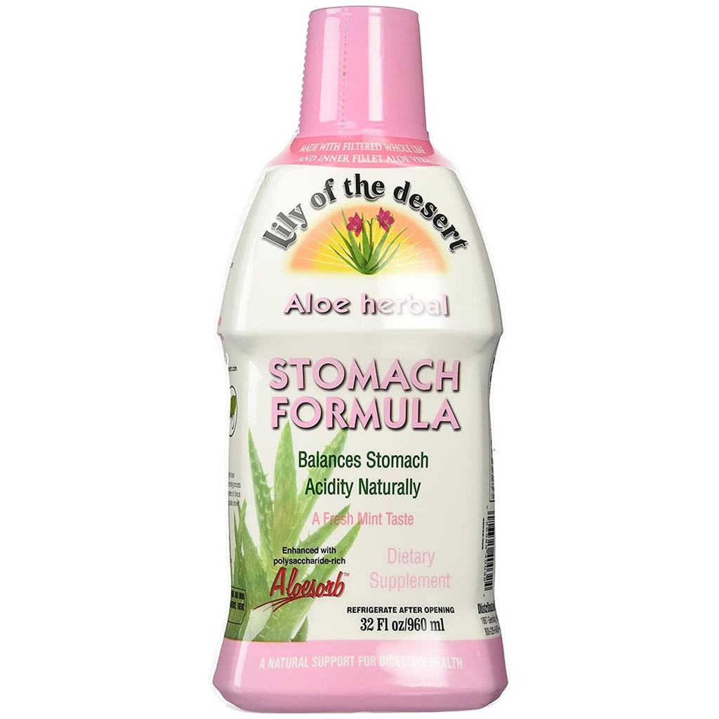 Lily Of The Desert Stomach Formule, Organic Aloe Vera Juice with Slippery Elm, Hemomile, Peppermint, and Ginger for Gut Health, Acid Reflux, Heartburn Relief, 32 Oz
