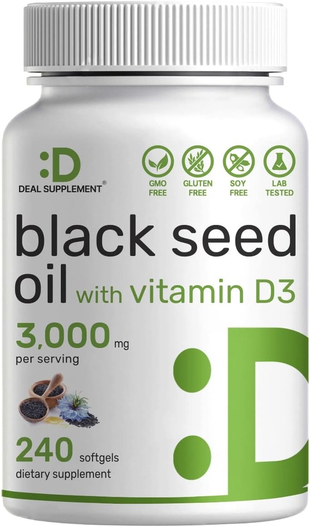 DEAL SUPPLAMENT Black Seed Oil, 240 Softgels - Cold- Pressed Nigella Sativa, přirozeně Occurring Thymoquinone (TQ) - Non- GMO, No Gluten - Black Cumin Seed Tekuté kapsle s vitamínem D3