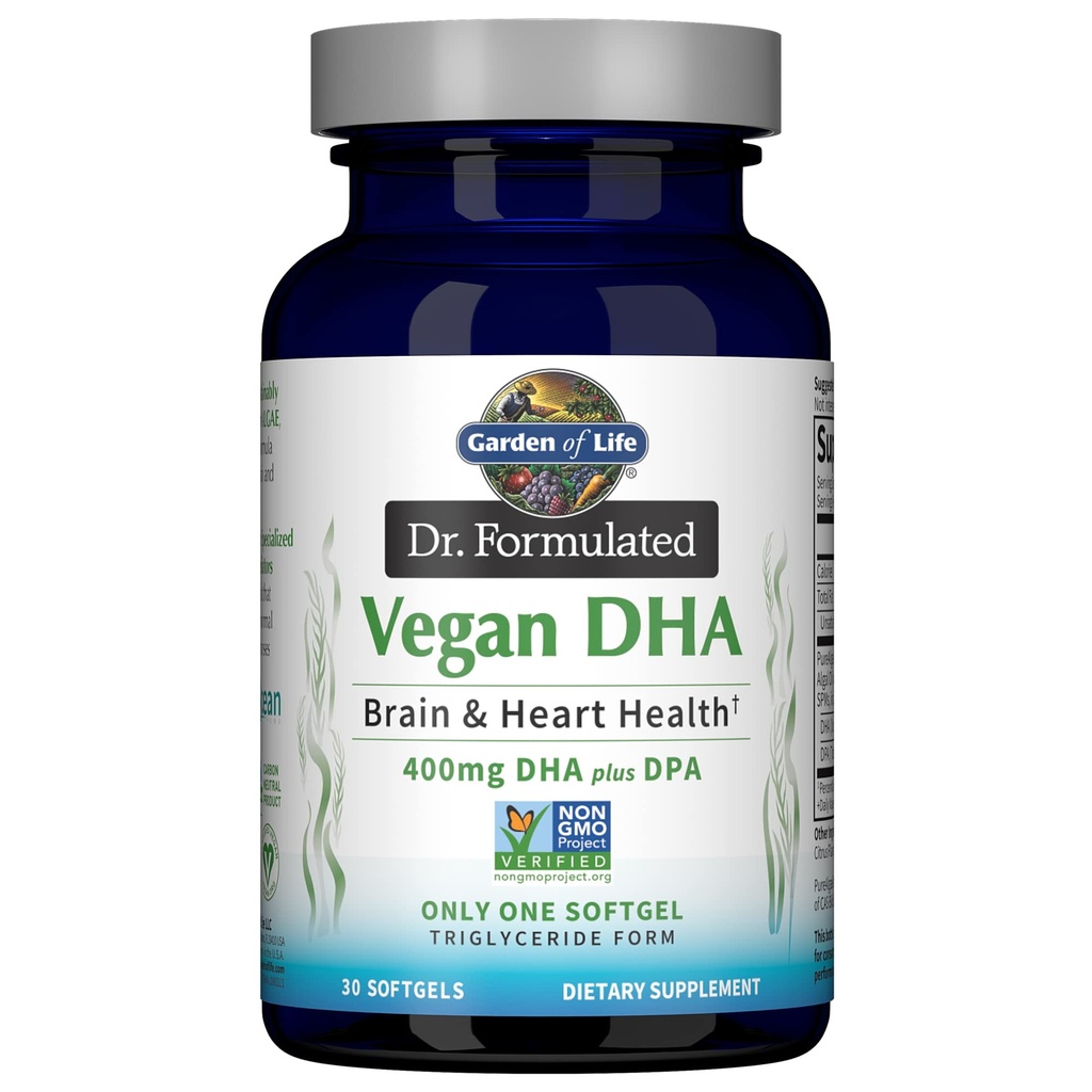 Zahrada života Omega 3 Vegan DHA Doplňky Dr. Vydávaný Vegan DHA, 400mg DHA & 90mg DPA v triglyceridové formě z jednoho zdroje, Omega 3 Dodatek pro zdraví žen a mužů, 30 Softgels